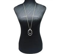 XGGLH Women's Silver Zinc Necklace, Double Circle Pendant, Long Chain, Sweater Necklace, Party Decoration, Fashion Jewelry, Classic Style, Unisex, 31.5 Inches, 2 Oval Pendants