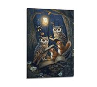 XGKJDS Exquisite Modern Family Canvas Wall Art Picture Print Photo Album-Surrealist Animal Poster with Owls And Squirrels Reading Under Lantern Light 08x12inch(20x30cm)