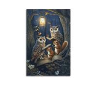 XGKJDS Exquisite Modern Family Canvas Wall Art Picture Print Photo Album-Surrealist Animal Poster with Owls And Squirrels Reading Under Lantern Light 24x36inch(60x90cm)
