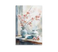 XGKJDS Exquisite Modern Family Canvas Wall Art Picture Print Photo Album-Watercolor Botanical Poster with Cherry Blossoms in Chinese Vases 20x30inch(50x75cm)