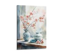 XGKJDS Exquisite Modern Family Canvas Wall Art Picture Print Photo Album-Watercolor Botanical Poster with Cherry Blossoms in Chinese Vases 20x30inch(50x75cm)