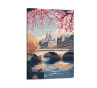 XGKJDS Exquisite Modern Family Canvas Wall Art Picture Print Photo Album-Watercolor Travel Poster Paris Cityscape with Cherry Blossoms And Bridge 16x24inch(40x60cm)