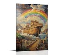 XGKJDS Minimalist Canvas Wall Art Picture Print-Noah's Ark Poster with Rainbow in Oil - Style Modern Family Bedroom Decor Framed 12x18inch(30x45cm)