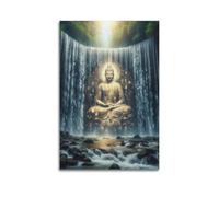 XGKJDS Modern Family Posters Wall Art For Living Room - Artistic Buddhist Poster Buddha Statue Enshrined behind Waterfall Canvas Prints Pictures 24x36inch(60x90cm) Unframe-style