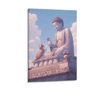 XGKJDS Modern Family Posters Wall Art For Living Room - Buddhist Posters Buddha And Cat Interaction Under Clear Sky Canvas Prints Pictures 16x24inch(40x60cm) Frame-style