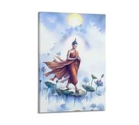 XGKJDS Poster Frame Canvas Wall Art Prints for Kitchen Decor - Buddhist Posters Walking Buddha on Lotus Leaves with Flowing Robe 20x30inch(50x75cm) Picture Frame Artwork