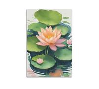 XGKJDS Poster Unframe Canvas Wall Art Prints for Kitchen Decor - Buddhism Poster Digital Art Peach Colored Lotus with Lush Leaves 16x24inch(40x60cm) Picture Unframe Artwork