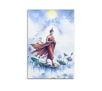 XGKJDS Poster Unframe Canvas Wall Art Prints for Kitchen Decor - Buddhist Posters Walking Buddha on Lotus Leaves with Flowing Robe 24x36inch(60x90cm) Picture Unframe Artwork