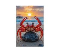 XGKJDS Poster Unframe Canvas Wall Art Prints for Kitchen Decor - Painted Crab Animal Standing on A Rock Against Sunset Background 20x30inch(50x75cm) Picture Unframe Artwork