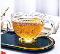 XGOPTS 400ml Glass Mug with Handle Tea Glass Cups Vintage Embossed Clear Glass Cups Coffee Cup Lead-Free Household Breakfast Cup for Juice Yogurt Oatmeal Milk Cup