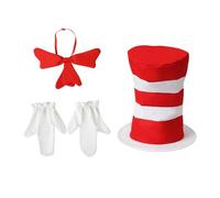 XGOPTS Adults Crazy Cat Fancy Dress Costume Set, 3Pcs Red & White Striped Tall Hat Red Bow Tie White Gloves Set School Book Week World Book Day Crazy Cat Fancy Dress Costume
