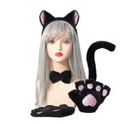 XGOPTS Cat Cosplay Costume Set, 4Pcs Black/Leopard Print Cat Ears Headband Bowtie Tail Cat Paw Gloves Cute Adorable Kitten Adult Costume Set for Halloween Fancy Dress Up Cat Cosplay Birthday Party