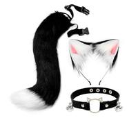 XGOPTS Faux Fur Animal Tail Cat Ears Hair Headband Neck Choker Set, 3 Pieces Halloween Cat Cosplay Party Costume Accessories Furry Wolf Tail Kit for Animal Costume Party Fancy Dress Up