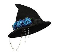 XGOPTS Halloween Witch Hats for Women Felt Hat with Stars Roses Cosplay Costume Accessories Knitted Cap for Decoration Wizard Hat Handmade Crochet Hat Floppy Brim Hat
