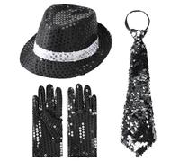 XGOPTS Kids Jazz Dance Performance Set, 3Pcs Sequin Hat Necktie Gloves for Boys Girls 3-7 Years Old 70s Stage Disco Costume Accessories for Disco Fancy Dress Theme Party Festival