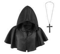 XGOPTS Medieval Knight Short Hooded Cloak with Cross Necklace Vintage Medieval Short Cape Halloween Wicca Pagan Robe Witch Wizard Hooded Cape Cosplay Fancy Dress Sorcerer Robe Priest Outfit