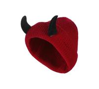 XGOPTS Mens Devil Horn Hat Winter Warm Knitted Beanie Cap Outdoor Windproof Thermal Novelty Funny Devil Cow Horns for Halloween Christmas Party Cosplay Festival Red