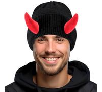 XGOPTS Mens Devil Horn Hat Winter Warm Knitted Beanie Cap Outdoor Windproof Thermal Novelty Funny Devil Cow Horns for Halloween Christmas Party Cosplay Festival Black