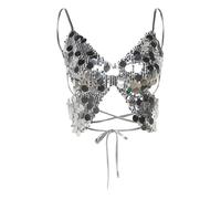XGOPTS Women's Glitter Sequin Butterfly Crop Top - Sexy V-Neck Low-Cut Strappy Backless Sleeveless Tank Top - Shiny Sparkly Belly Dance Costume for Rave Party Club Festival Outfits