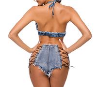 XGOPTS Womens Low Rise Mini Denim Shorts Cut Off Lace Up Shorts Jeans Sexy Ripped Hole Frayed Raw Hem Distressed Booty Hot Pants Casual Clubwear Thong