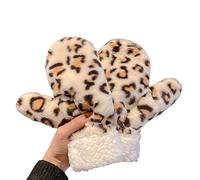 XGOPTS Womens Plush Leopard Print Gloves Super Soft Winter Windproof Thermal Full Finger Gloves Retro Fluffy Leopard Animal Print Mittens for Outdoor Cycling Skiing Cold Weather
