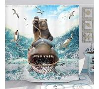 Xguatan Funny Bear Shower Curtain, Cool Bear Riding Shark on Blue Ocean Shower Curtain, Farmhouse Navy Blue Beach Shower Curtain Set Kids with 12PCS Hooks, 70X70IN Waterproof Polyester Fabric…