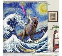 Xguatan Funny Cat Shower Curtain, Cool Dinosaur Cat in Japanese Kanagawa Waves Shower Curtain for Bathroom, Blue Ocean Fabric Hilarious Anime Shower Curtain Set with 12PCS Hooks, 70X75IN