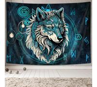 Xguatan Viking Wolf Tapestry, Norse Mythology Runes Ancient Blue Tapestries, Meditation Medieval Mystery Animals Ancient Art Tapestry for Bedroom Living Room Poster, 60X40IN