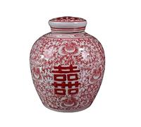 XGURWSVX Handcraft Red and White Ceramic Ginger Jar with Lid Double Happiness Flat Top Storage Jar, Ancient Porcelain Chinese Oriental Style Multi Purpose