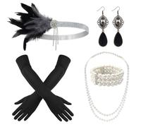 Xgvzs 8-Piece 20s Costume Women's 1920s Dresses Women's Peacock Costume Women's 20's Theme Set with Headband Headpiece Long Black