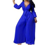 XGWDP Women Dress Jumpsuit Dressy Long Sleeve High Waist Wide Leg Romper Formal Jumpsuits Belt Pleated Deep V Neck Romper (2,L)