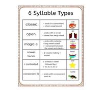 XHAJCSJWGD Educational Reading Guide Metal Tin Sign 6 Syllable Types Chart Multisyllabic Word Decoding With Examples Phonics Strategy For Teachers 8 X 12 in