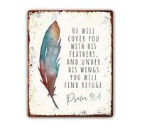 XHAJCSJWGD Rustic Inspirational Metal Sign Psalm 91 Scripture He Will Cover You With His Feathers Wall-Art for Home Church 8 X 12 in