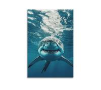 XHBKJA A Majestic Great White Shark with Sharp Teeth Swimming in Clear Blue Water Animal Poster Canvas Wall Art Modern Mural Decorative Painting Hanging 16x24inch(40x60cm)