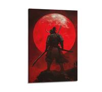 XHBKJA Exquisite Modern Family Canvas Wall Art Picture Print Photo Album-Japandi Knight Poster with Samurai Facing Red Moon 16x24inch(40x60cm)