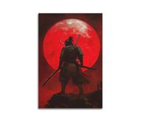 XHBKJA Exquisite Modern Family Canvas Wall Art Picture Print Photo Album-Japandi Knight Poster with Samurai Facing Red Moon 16x24inch(40x60cm)