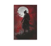 XHBKJA Exquisite Modern Family Canvas Wall Art Picture Print Photo Album-Japandi Samurai Poster Under Full Moon in Dramatic Red 24x36inch(60x90cm)