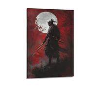 XHBKJA Exquisite Modern Family Canvas Wall Art Picture Print Photo Album-Japandi Samurai Poster Under Full Moon in Dramatic Red 20x30inch(50x75cm)