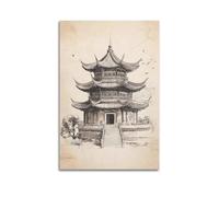 XHBKJA Exquisite Modern Family Canvas Wall Art Picture Print Photo Album-Vintage Line Art Travel Poster of Chinese Pagoda with Birds 16x24inch(40x60cm)