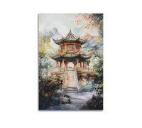 XHBKJA Exquisite Modern Family Canvas Wall Art Picture Print Photo Album-Watercolor Chinese Pavilion Landscape Poster, Serene Mountainous Scenery 24x36inch(60x90cm)