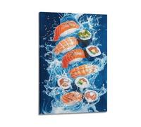XHBKJA Exquisite Modern Family Canvas Wall Art Picture Print Photo Album-Watercolor Food Poster Sushi in Dynamic Water Splash for Food Lovers 08x12inch(20x30cm)