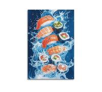 XHBKJA Exquisite Modern Family Canvas Wall Art Picture Print Photo Album-Watercolor Food Poster Sushi in Dynamic Water Splash for Food Lovers 24x36inch(60x90cm)