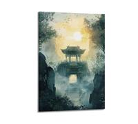 XHBKJA Exquisite Modern Family Canvas Wall Art Picture Print Photo Album-Watercolor Landscape Poster with Chinese Pavilion at Sunset And Flying Birds 08x12inch(20x30cm)