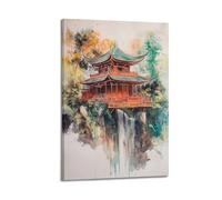 XHBKJA Exquisite Modern Family Canvas Wall Art Picture Print Photo Album-Watercolor Landscape Poster with Chinese Pavilion And Waterfall 16x24inch(40x60cm)