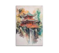 XHBKJA Exquisite Modern Family Canvas Wall Art Picture Print Photo Album-Watercolor Landscape Poster with Chinese Pavilion And Waterfall 16x24inch(40x60cm)