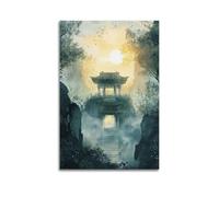 XHBKJA Exquisite Modern Family Canvas Wall Art Picture Print Photo Album-Watercolor Landscape Poster with Chinese Pavilion at Sunset And Flying Birds 24x36inch(60x90cm)