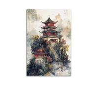 XHBKJA Exquisite Modern Family Canvas Wall Art Picture Print Photo Album-Watercolor Landscape Poster with Traditional Chinese Pagoda Structure 20x30inch(50x75cm)