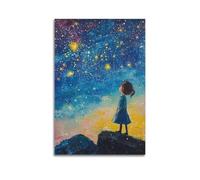 XHBKJA Exquisite Modern Family Canvas Wall Art Picture Print Photo Album-Watercolor Night Sky Children's Poster with Girl Gazing at Stars 20x30inch(50x75cm)