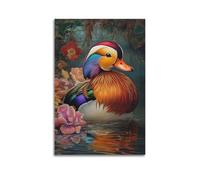 XHBKJA Vibrant Mandarin Duck Surrounded by Beautiful Blooming Flowers Poster Canvas Wall Art Minimalist Modern Mural Decorative Painting Hanging Artwork16x24inch(40x60cm)