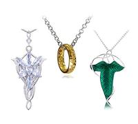 XHBTS 3 Sets Lord of the Ring Leaf Elf Aragorn Arwen Evenstar Pendant Chain Necklace Princess Engraved Chain Gold Tone The Ring Pendant Necklace for Fan Cosplay Costume Jewelry